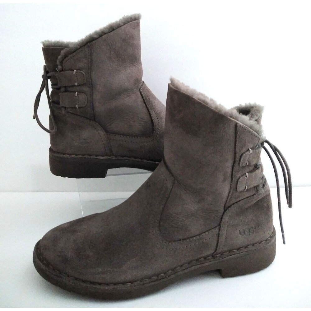 UGG Australia Naiyah Ankle Boot Gray Suede Sheepskin Lace Up Heel 1020144 Sz 6